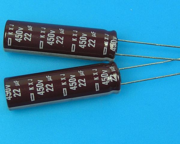 22uF/450V - 105°C Nippon KXJ kondenzátor elektrolytický low ESR, long life, high ripple current, pen type