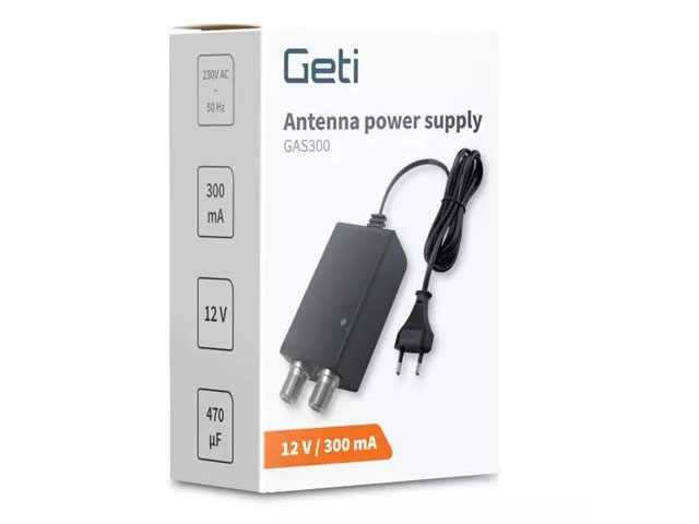 Anténní napaječ 12V / 300mA Geti GAS300 s výhybkou pro antenní zesilovač - konektor F / F