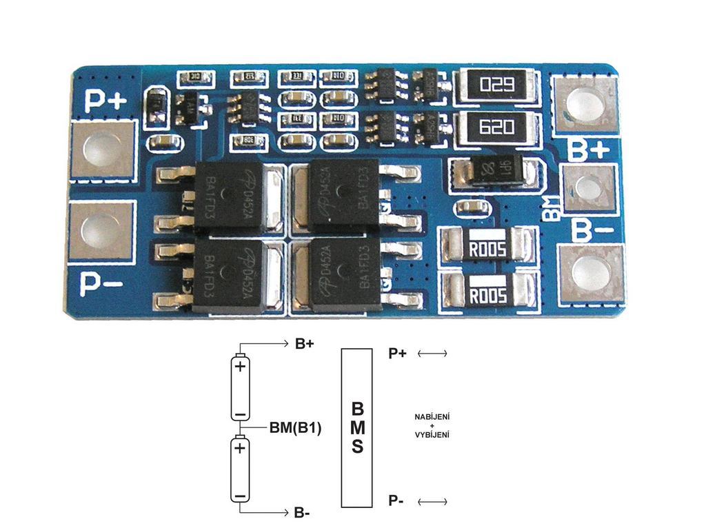 BMS Nabíjecí automatika s balancerem pro 2ks Li-ion článků, maximální proud 10A / 20A