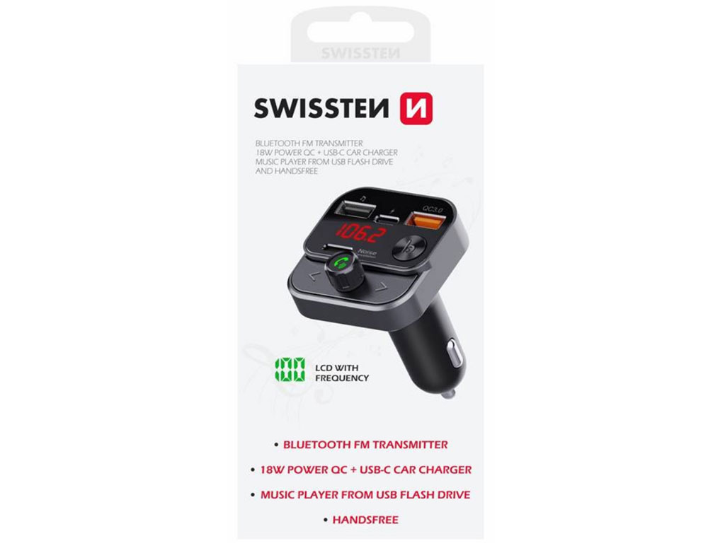 Bluetooth USB FM Transmitter SWISSTEN, USB-C 12W, USB-A 18W