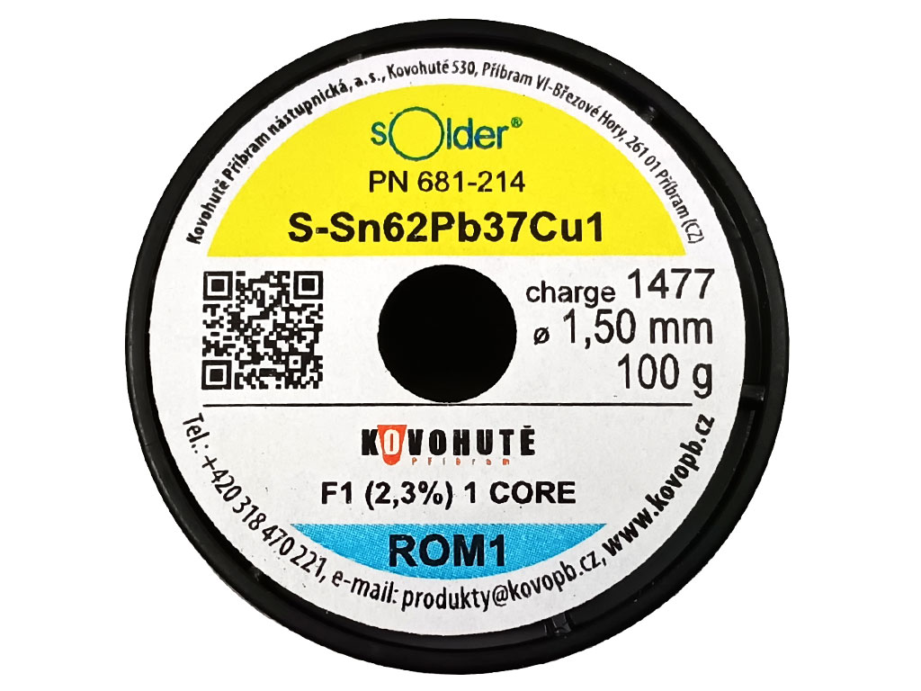 Cín pájka Kovohutě Sn62Pb37Cu1  1.5mm cívka  100g