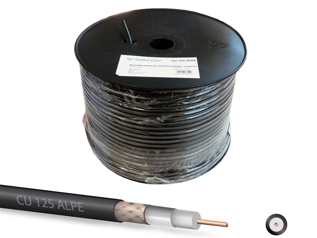 Kabel - klubo 100m KOAX Zircon CU 125 ALPE 6.8mm koaxiální kabel 75 Ohm černý