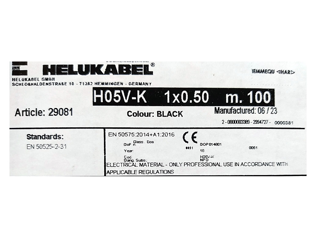 Kabel - metráž, HELUKABEL 29081 Cu licna / lanko  H05V-K 1 x 0.5 mm² - barva černá