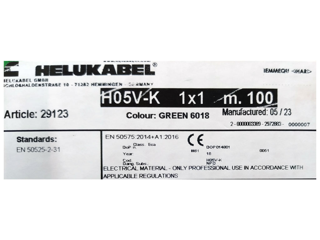 Kabel - metráž, HELUKABEL 29123 Cu licna / lanko  H05V-K 1 x 1 mm² - barva zelená