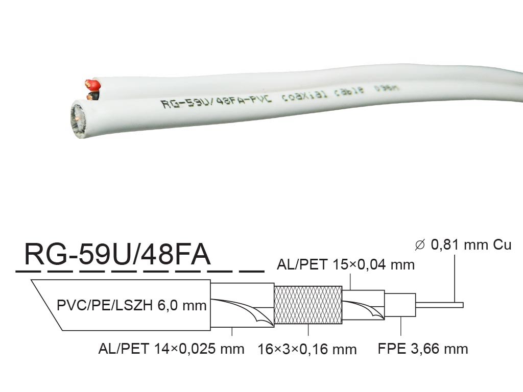 Kabel - metráž KOAX RG-59U/48FA 2x0,75mm + 6mm koaxiální kabel 75 Ohm KK31V