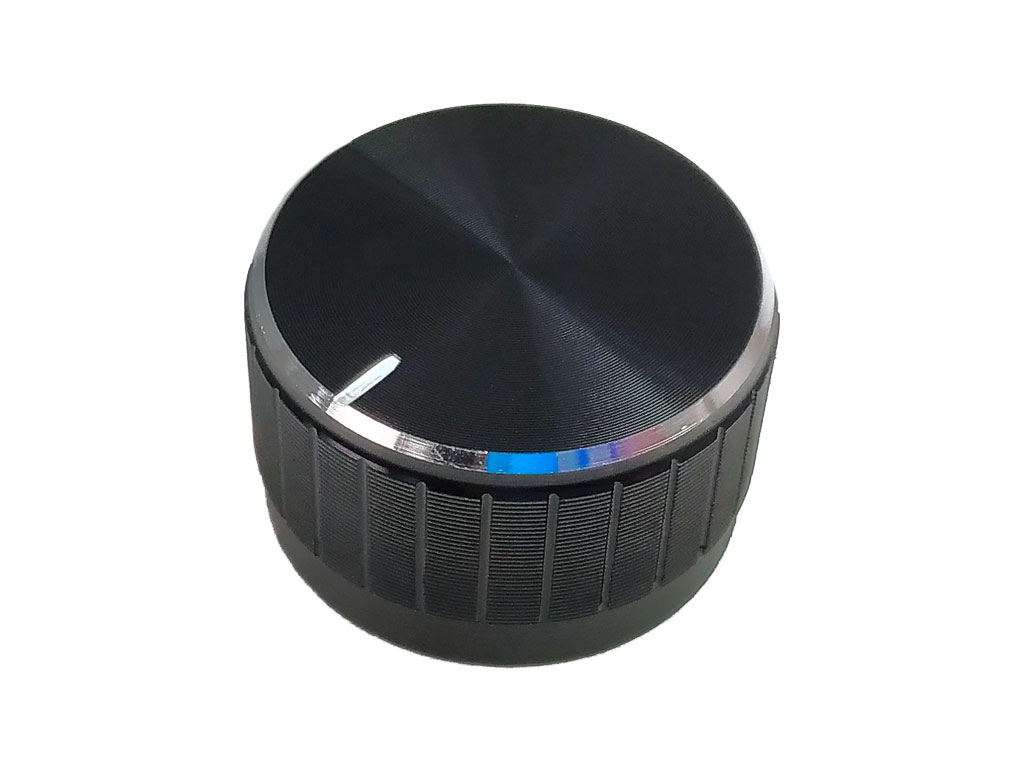 Knoflík na potenciometr 29mm, oska 6mm, hliníkový černý s ukazatelem polohy