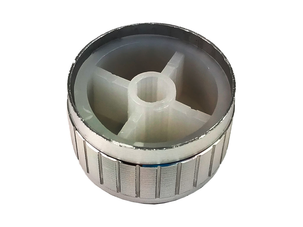 Knoflík na potenciometr 29mm, oska 6mm, hliníkový stříbrný s ukazatelem polohy