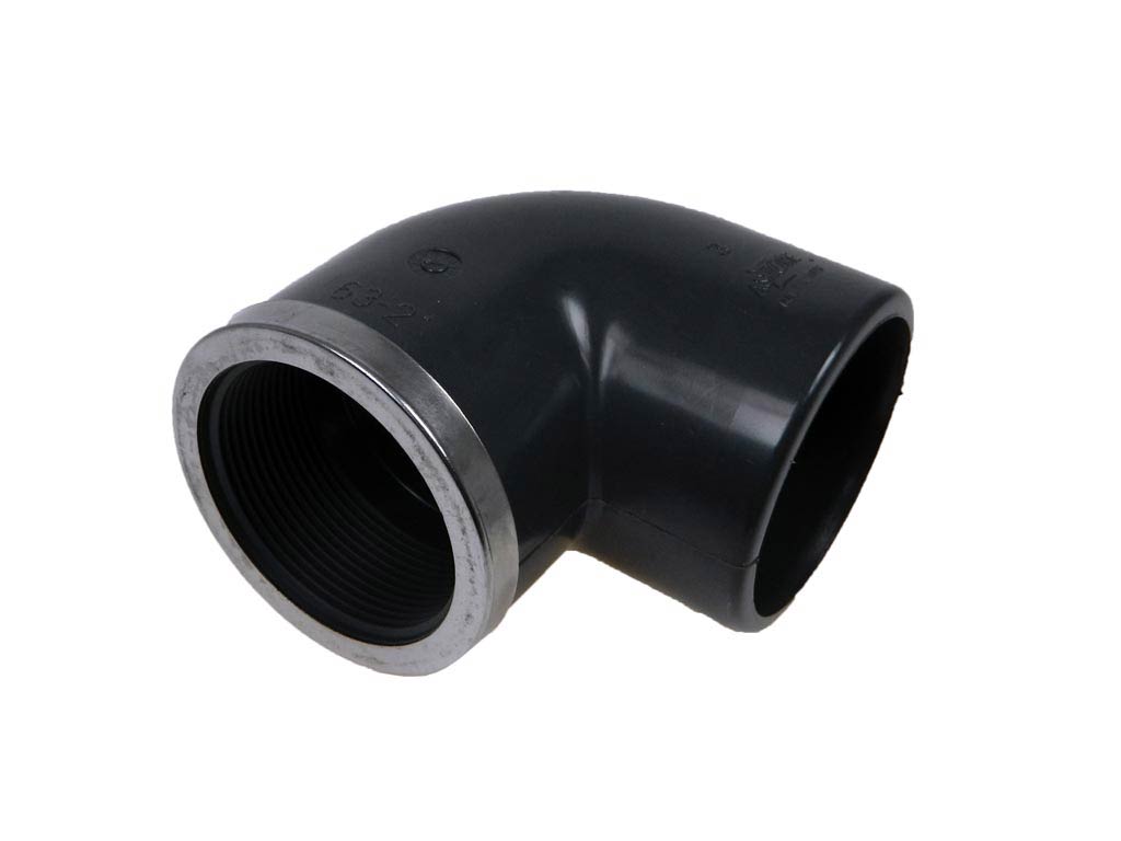 Koleno 90° lepení - vnitřní závit zpevňovací kovový kruh PVC    50 mm 11/2"