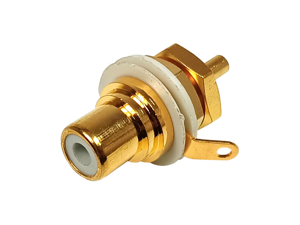 Konektor CINCH precizní, panelová zásuvka, zlacená, bílá