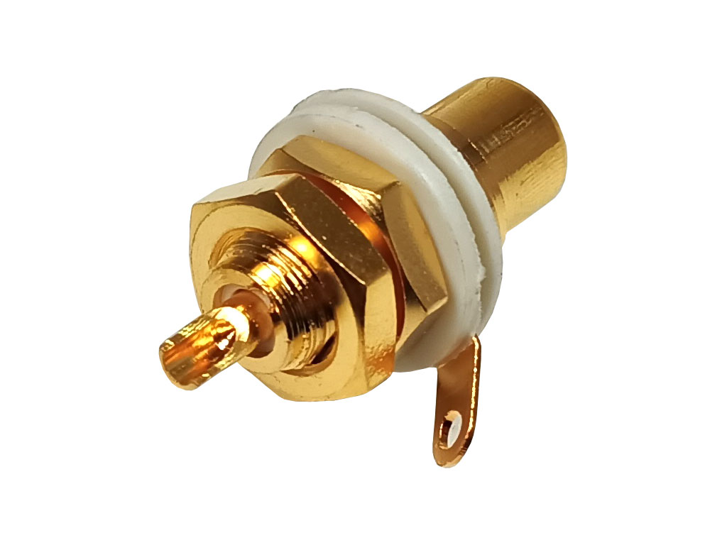 Konektor CINCH precizní, panelová zásuvka, zlacená, bílá