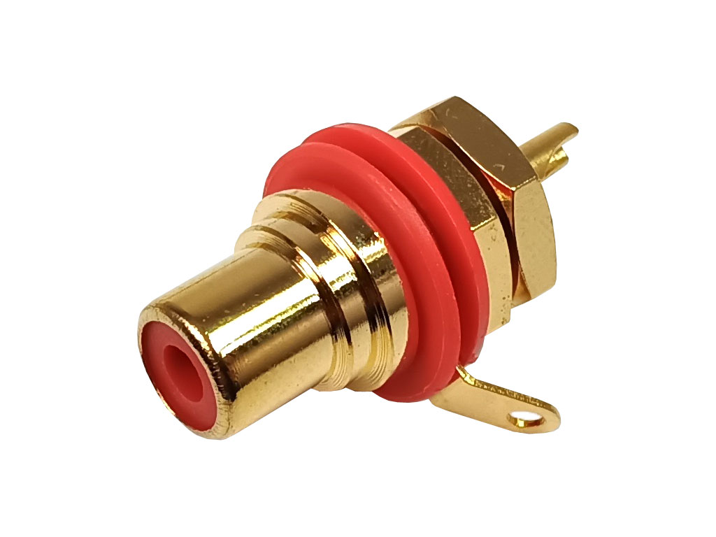 Konektor CINCH precizní, panelová zásuvka, zlacená, červená