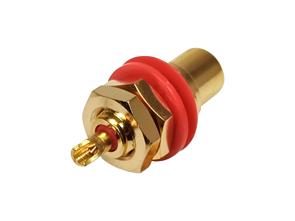 Konektor CINCH precizní, panelová zásuvka, zlacená, červená