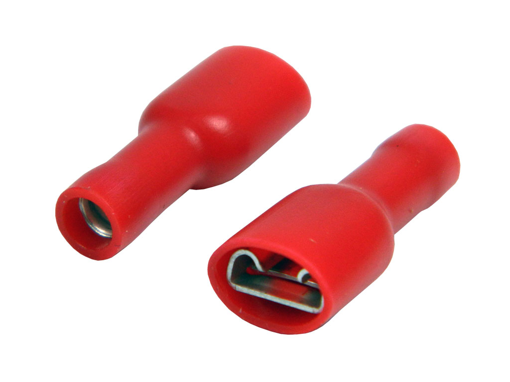 Konektor Faston 6.3mm krimpovací s červenou (rudou) izolací celoizolovaný - zásuvka