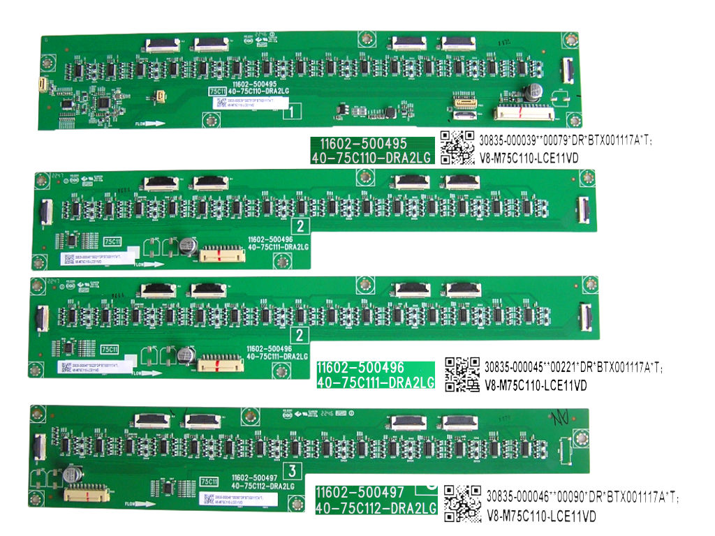 LCD modul LED driver aktivního HDR TCL 75C11 sada 4 kusů / HDR driver board assy 40-75C110-DRA2LG + 40-75C111-DRA2LG + 40-75C112-DRA2LG / 30835-000039 + 30835-000045 + 30835-000046