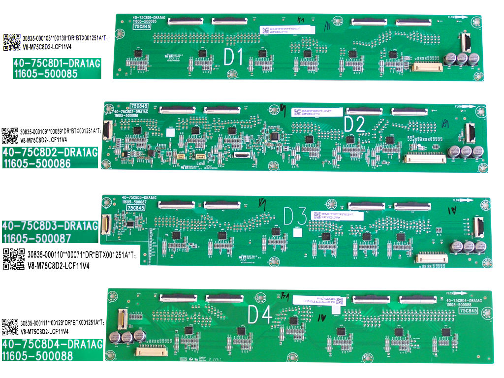 LCD modul LED driver aktivního HDR TCL 75C845 sada 4 kusů / HDR driver board assy 40-75C8D1-DRA1AG + 40-75C8D2-DRA1AG + 40-75C8D3-DRA1AG + 40-75C8D4-DRA1AG / 30835-000108 + 30835-000109 + 30835-0000110 + 30835-000111