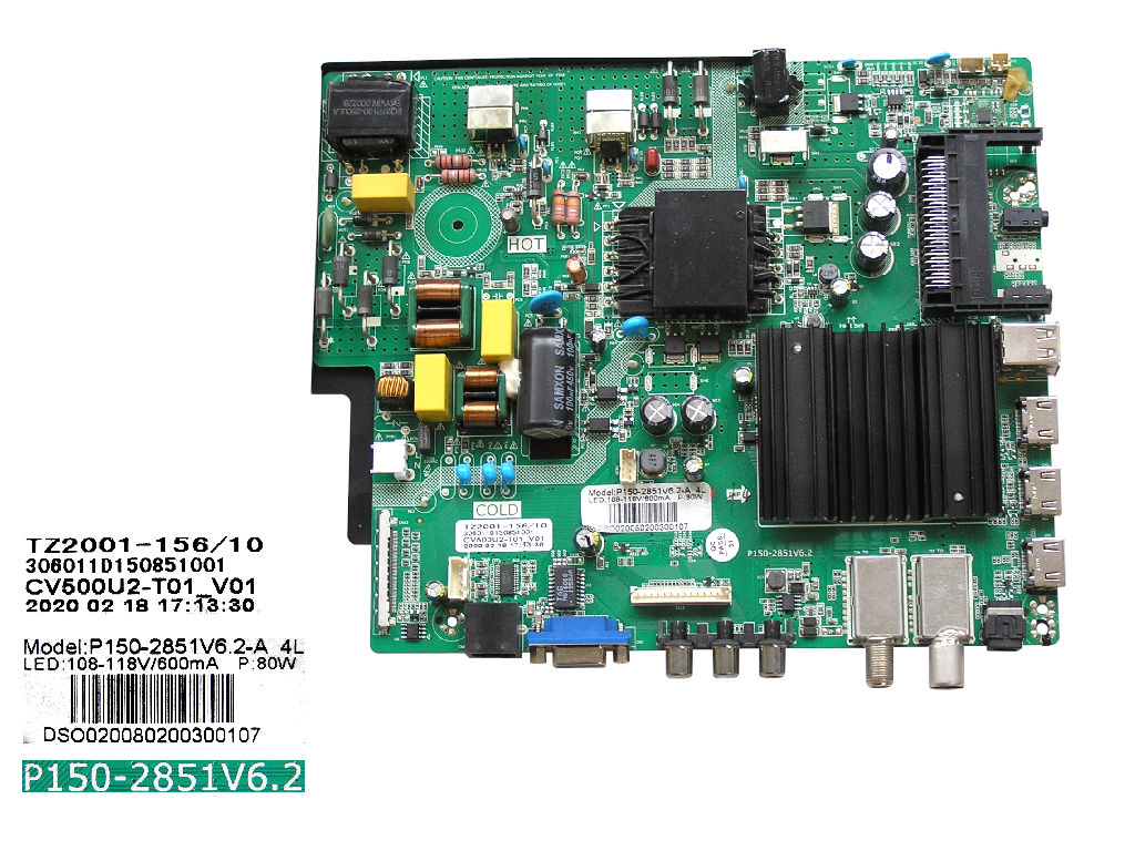 LCD modul základní deska FOX 50DLE788 / Main board P150-2851V6.2 / DSO02008020030107 / TZ2001-156/10