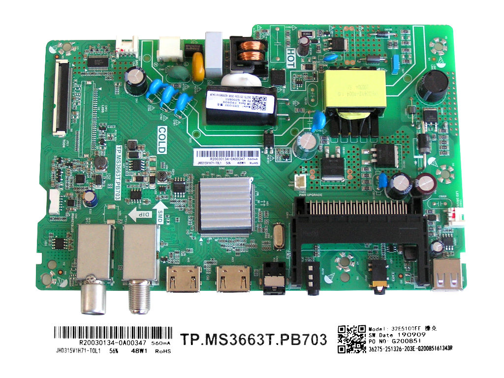 LCD modul základní deska Hisense 32B5100 / main board 32E5100EE / TP. MS3663T.PB703 / 190909 / T268083