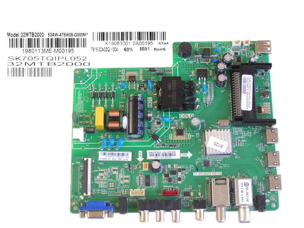 LCD modul základní deska Metz 32MTB2000 / Main board TP.MS3663T.PB729 / SK705TQIPL052 / K19083001-0A00195 / K19083001-0A01914