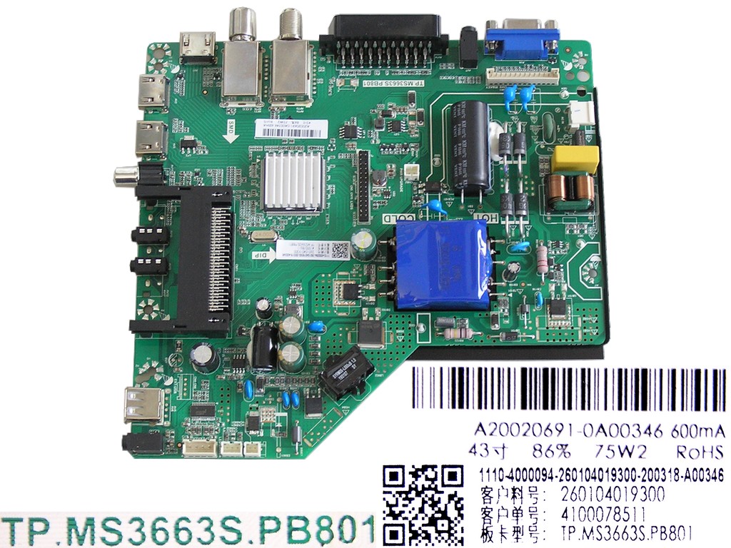 LCD modul základní deska Sencor SLE43F16TCS / Main board TP.MS3663S.PB801 / A20020691-0A00346