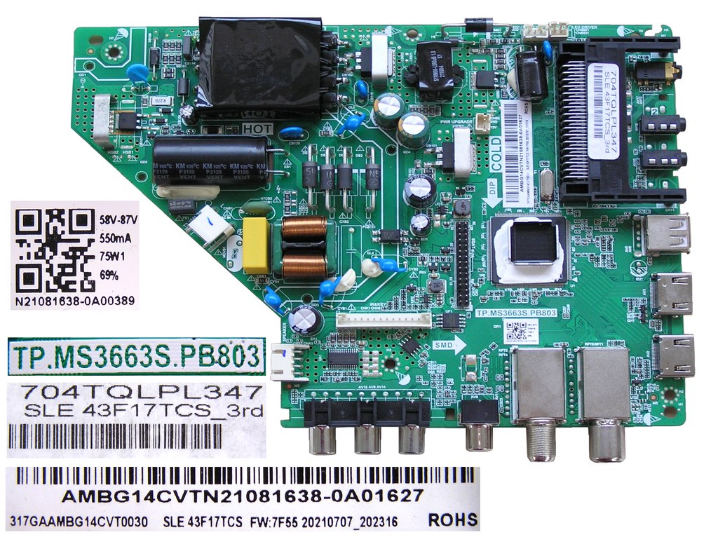 LCD modul základní deska Sencor SLE43F17TCS / Main board TP.MS3663S.PB803 / N21081638-0A00389 / 704TQLPL347