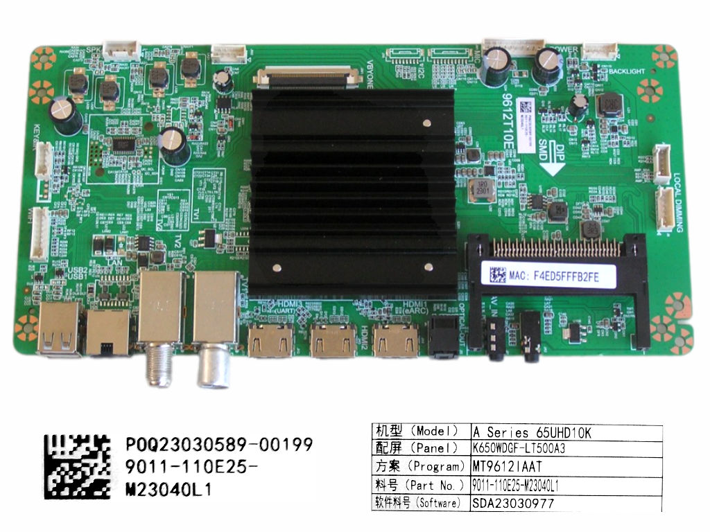 LCD modul základní deska Vivax A Series 65UHD10K / main board 9612T10E / P0Q23030589-00199 / 901-110E25-M23040L1