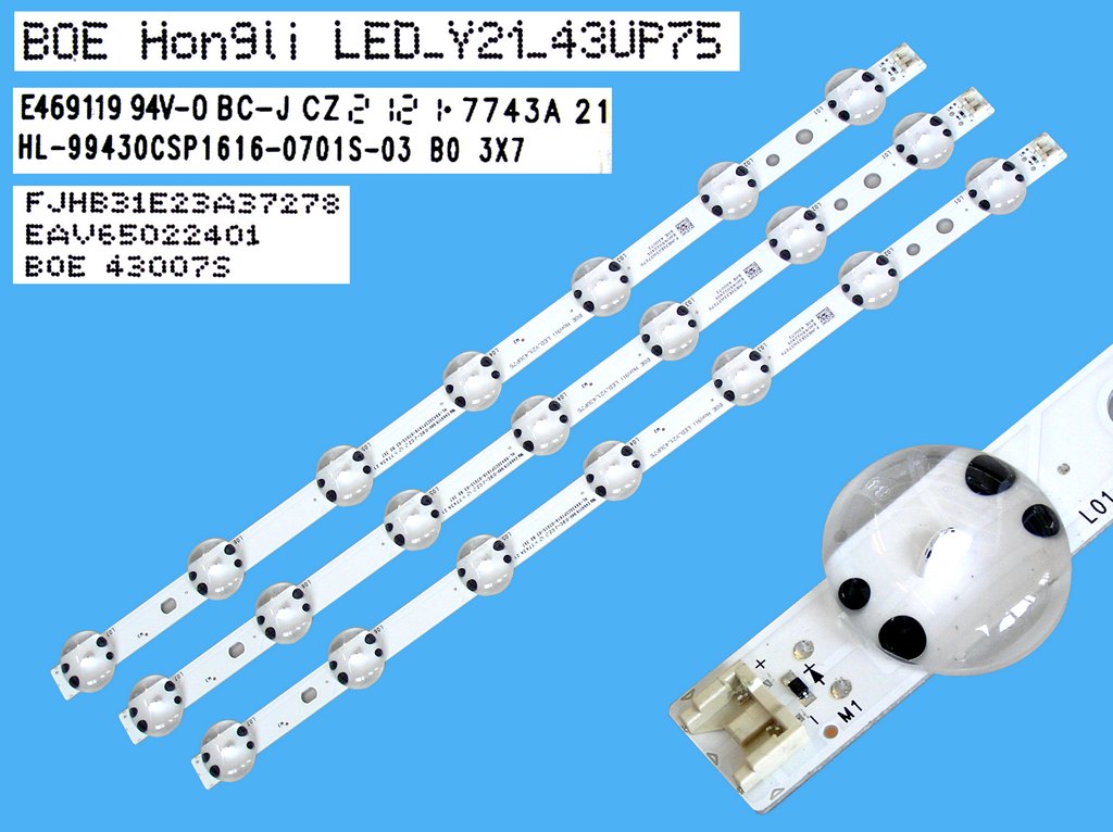 LED podsvit 424mm sada LG celkem 3 kusy / DLED Backlight SSC_Trident_LED_Y21_43UP75 / HL-99430CSP1616-0701S-03 / EAV65022401 / AGM76931301 / AGM76931302