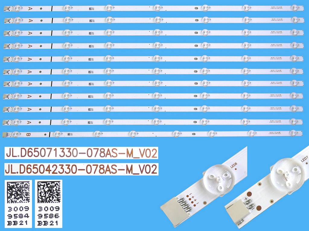 LED podsvit 707mm sada Vestel 23548234 celkem 11 kusů / DLED Backlight JL.D65071330-078AS-M_V02 + JL.D65042330-078AS-M_V02/ 30099584 + 30099586 / 30101332 + 30101333