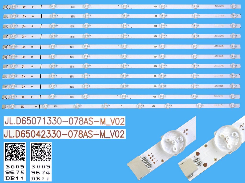 LED podsvit 707mm sada Vestel 23582181 celkem 11 kusů / DLED Backlight JL.D65071330-078AS-M_V02 + JL.D65042330-078AS-M_V02/ 30099674 + 3009675