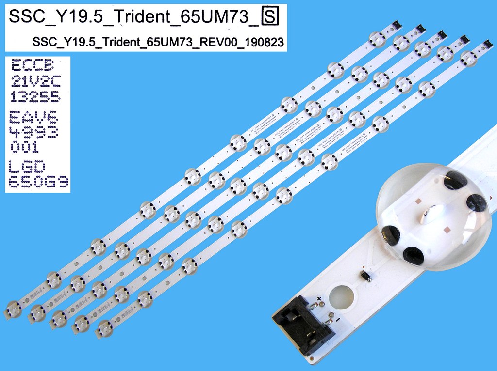 LED podsvit 715mm sada LG AGM76909502 celkem 5 kusů / DLED Backlight 715mm - 9 D-LED, SSC_Y19.5_Trident_65UM73_Rev00 / LGD650G9 / EAV64993001