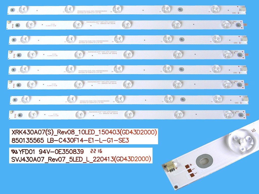 LED podsvit 855mm sada Hitach / ChangHong celkem 4 / 8 kusů / LED Backlight KHP200640C / LB-C430U14-E1-A-G2-DL1/ LB-C430F14-E1-L-G1-SE3 / LB43006 / SVJ430A07 