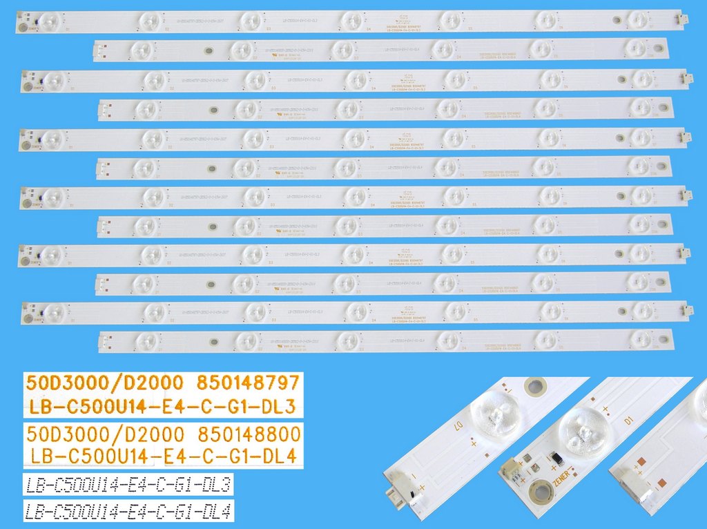 LED podsvit 990mm sada Changhong 50" celkem 12 kusů / LED Backlight 990mm - 13 D-LED 50D3000/D2000 LB-C500U14-E4-C-G1 / SVJ500A33_Rev06_13LED / 850148797 + 850148800