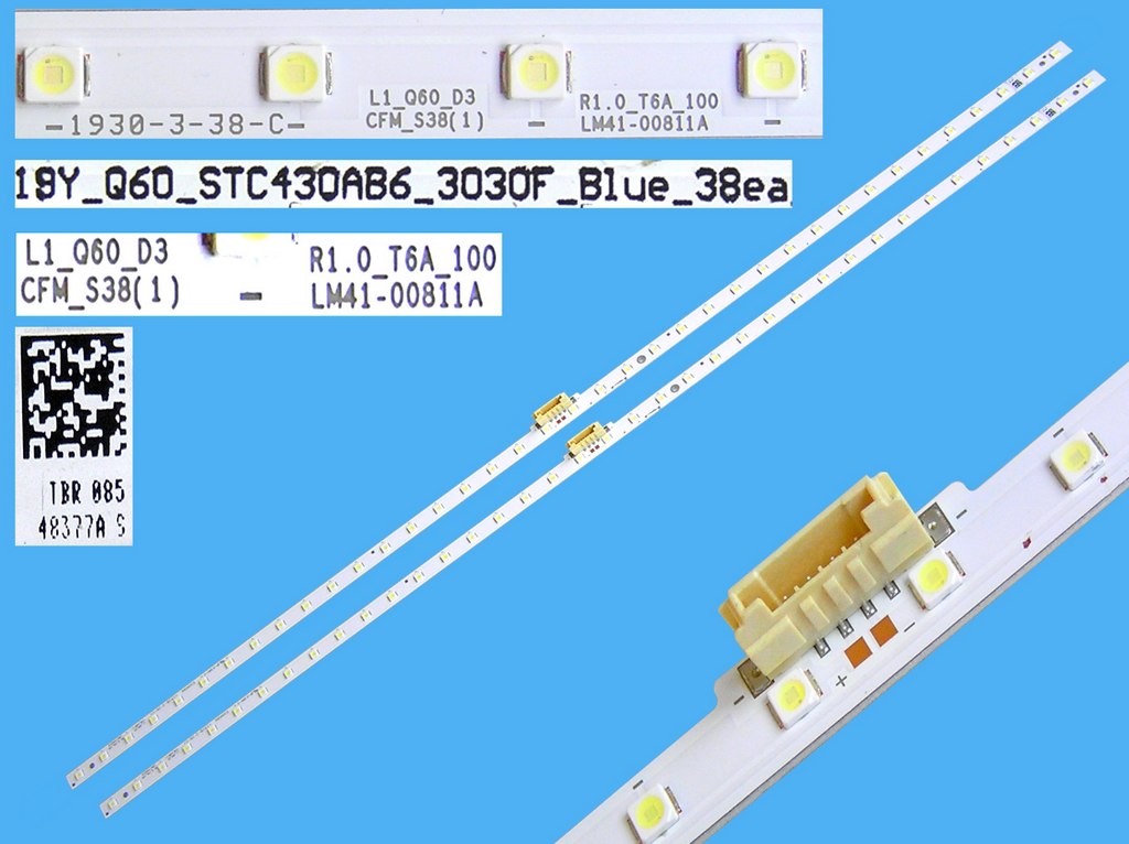 LED podsvit EDGE 462mm sada Samsung celkem 2 kusy / LED Backlight edge 2x38 LED BN96-48377A náhrada / LM41-00811A / L1_Q60_D3_CFM_S38(1)_R1.0_T6A_100 / 19Y_Q60_STC430AB6_3030F_Blue_38ea