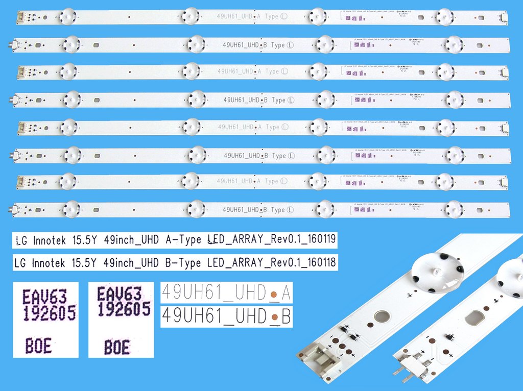 LED podsvit sada LG AGF79082402AL celkem 8 pásků / DLED TOTAL ARRAY LG Innotek 15.5Y 49inch_UHD / 49UH61_UHD_A + 49UH61_UHD_B / 6916L-2705A + 6916-2706A + 6916L-2707A + 6916L-2708A