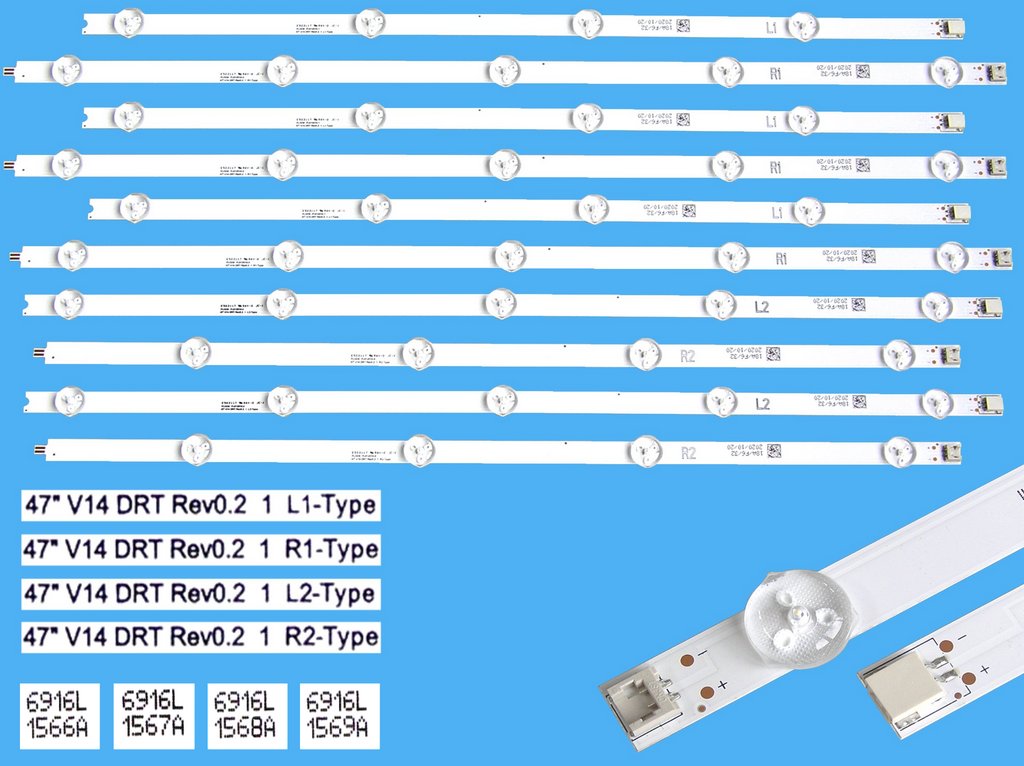 LED podsvit sada LG náhrada 47LN-V14AL celkem 10 pásků / DLED TOTAL ARRAY 47" V14 DRT Rev0.2 1 / 6916L-1566A + 6916L-1567A + 6916L-1568A + 6916L-1569A