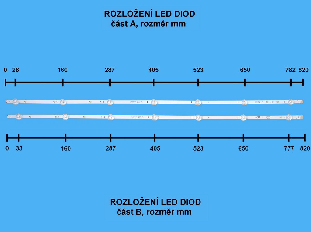 LED podsvit sada Vestel 17DLB43VER1 celkem 4 pásky 820mm / D-LED BAR. VESTEL 43 / 17DLB43VER1-A / 30099541, 30095322 + 17DLB43VER1-B / 30099543, 30095323