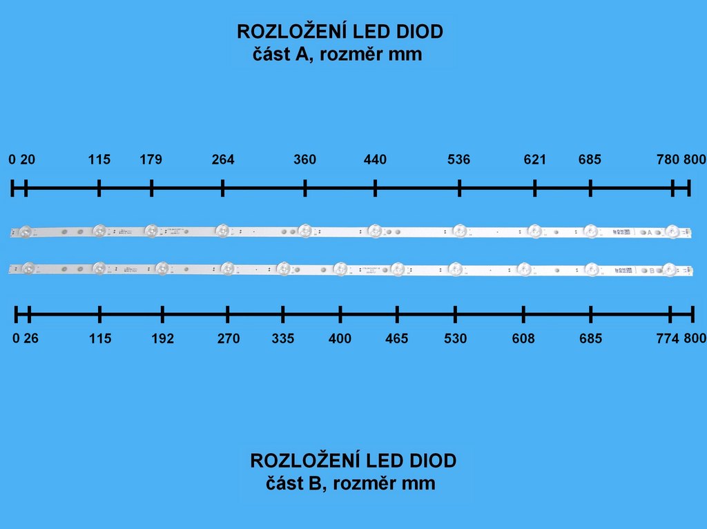 LED podsvit sada Vestel 17DLB43VER7  celkem 3 pásky 800mm / D-LED BAR. VESTEL 43" 23620240 / 17DLB43VER7-A / 30104222 +  17DLB43VER7-B / 30104223