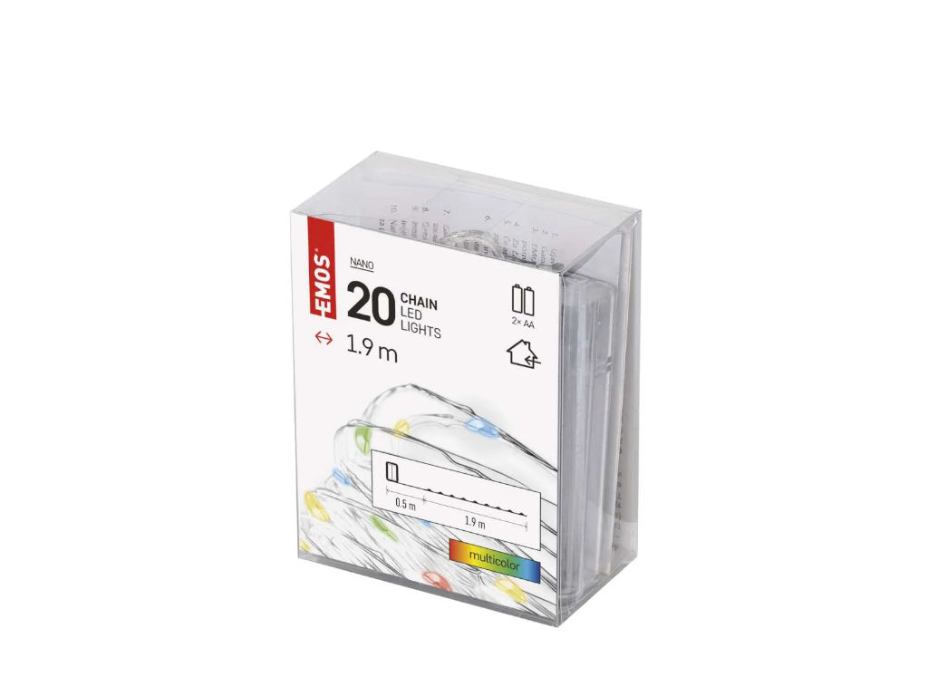 LED vánoční nano řetěz, 1,9 m, 2x AA, vnitřní, multicolor, časovač