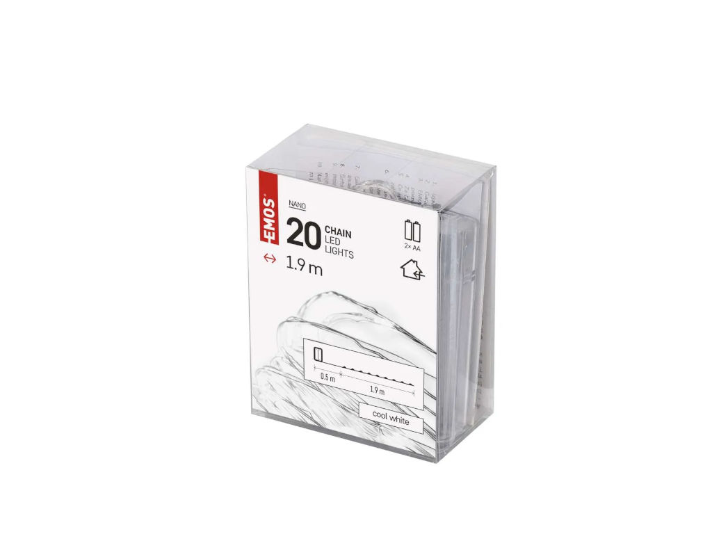 LED vánoční nano řetěz, 1,9 m, 2x AA, vnitřní, studená bílá, časovač