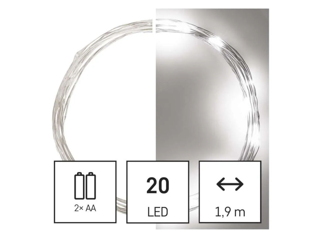 LED vánoční nano řetěz, 1,9 m, 2x AA, vnitřní, studená bílá, časovač