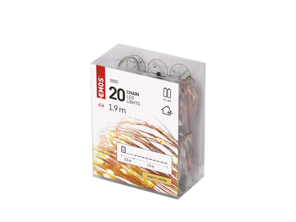 LED vánoční nano řetěz, 1,9 m, 2x AA, vnitřní, teplá bílá, časovač