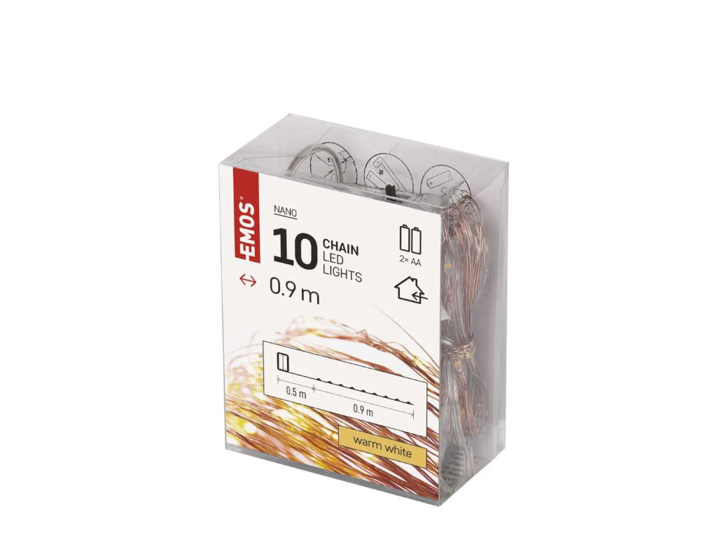 LED vánoční nano řetěz měděný, 0,9 m, 2x AA, vnitřní, teplá bílá, časovač