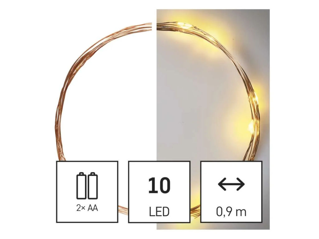 LED vánoční nano řetěz měděný, 0,9 m, 2x AA, vnitřní, teplá bílá, časovač