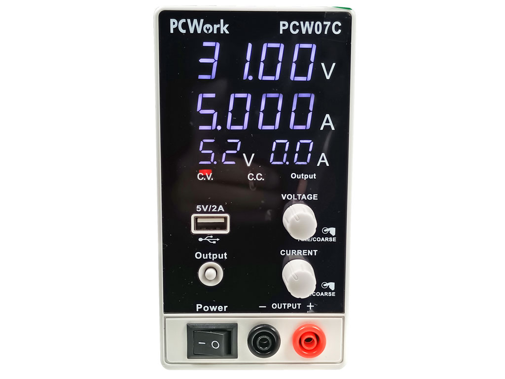 Laboratorní spínaný zdroj PCW07C DC 0–30 V / 0–5 A, CV/CC, USB 5 V / 2 A