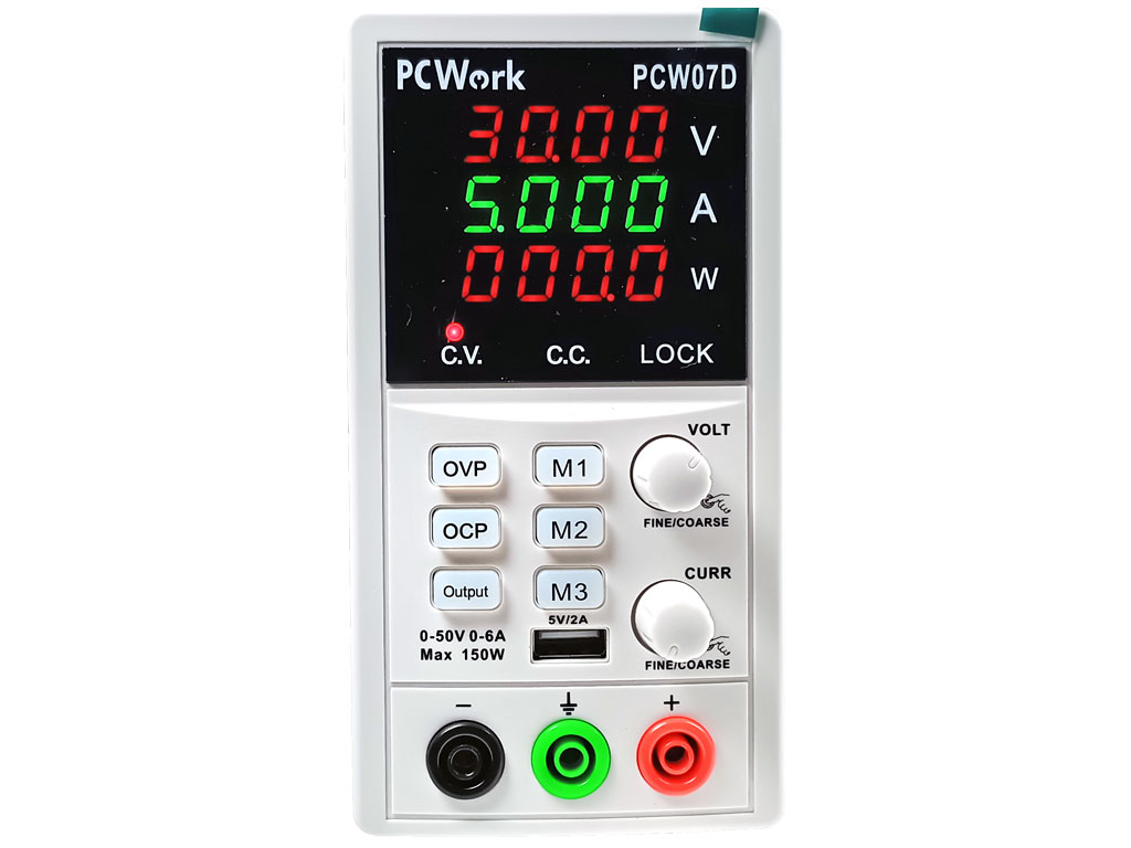 Laboratorní spínaný zdroj PCW07D DC 0–50 V / 0–6 A, CV/CC, USB 5 V / 2 A