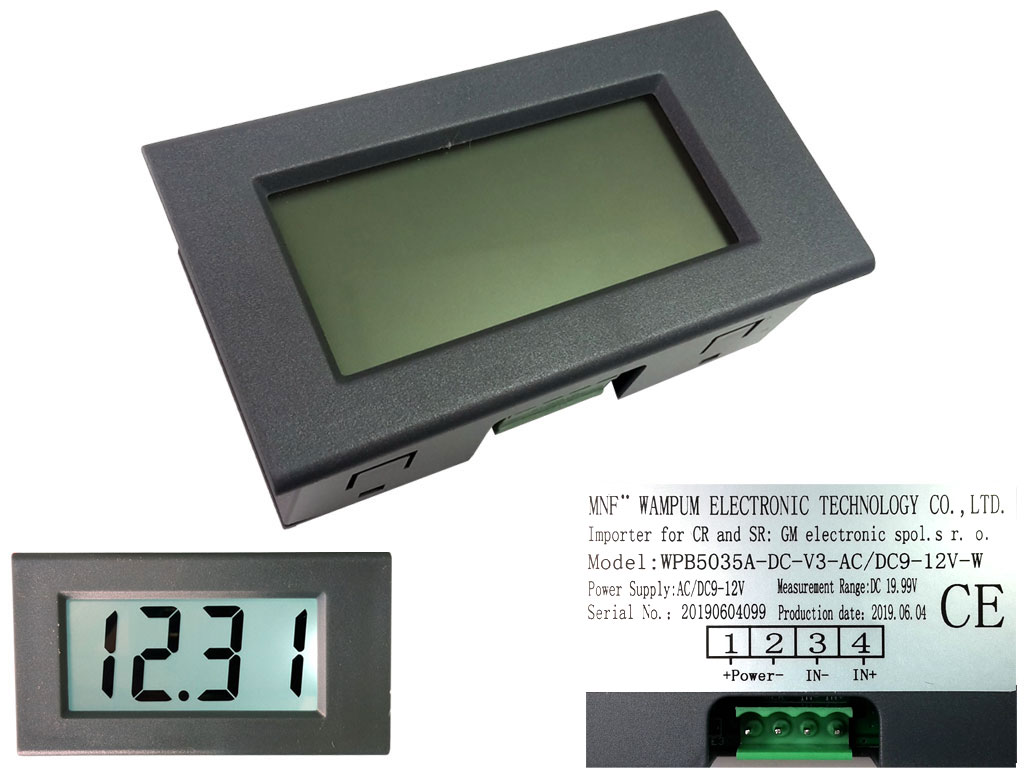 Měřidlo digitální panelové 0-19,99V DC, LCD displej, bílé podsvícení