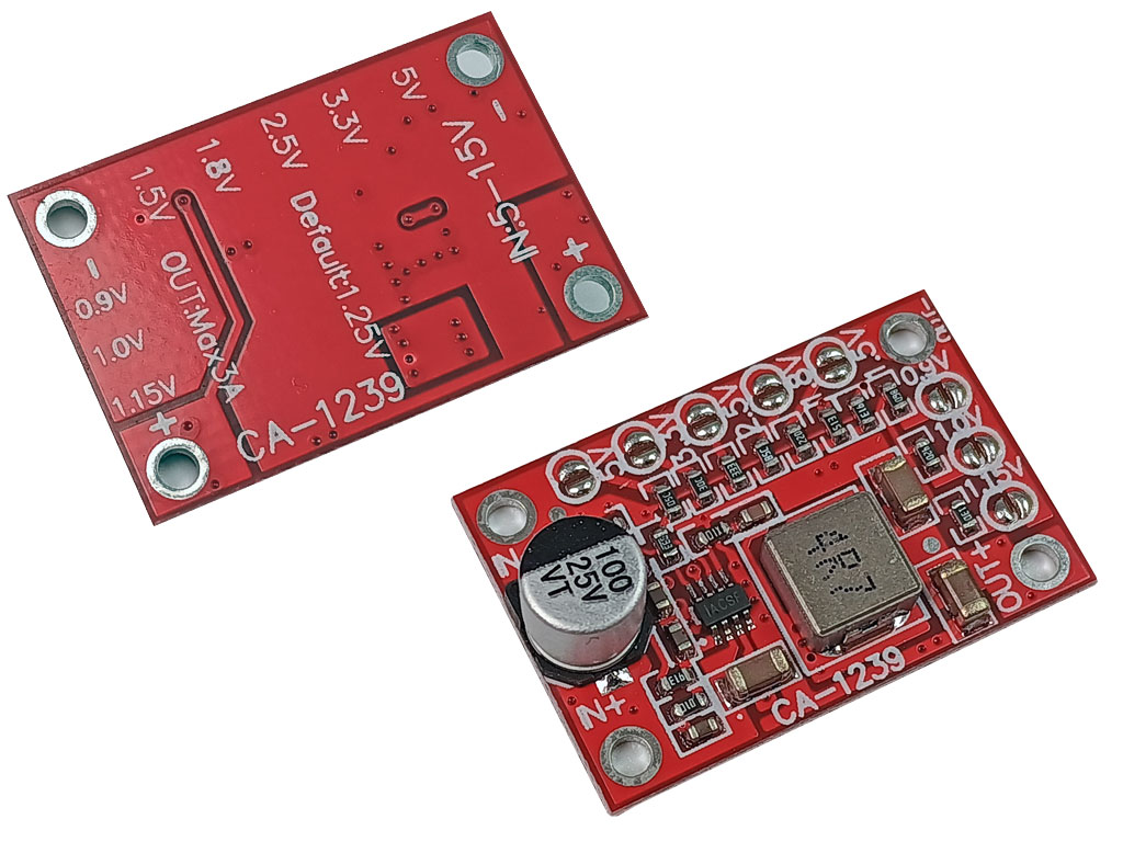 Modul nastavitelného zdroje STEP-DOWN 0.9, 1.0, 1.15, 1.25, 1.5, 1.8, 2.5, 3.3, 5.0V / 3A, univerzální použití