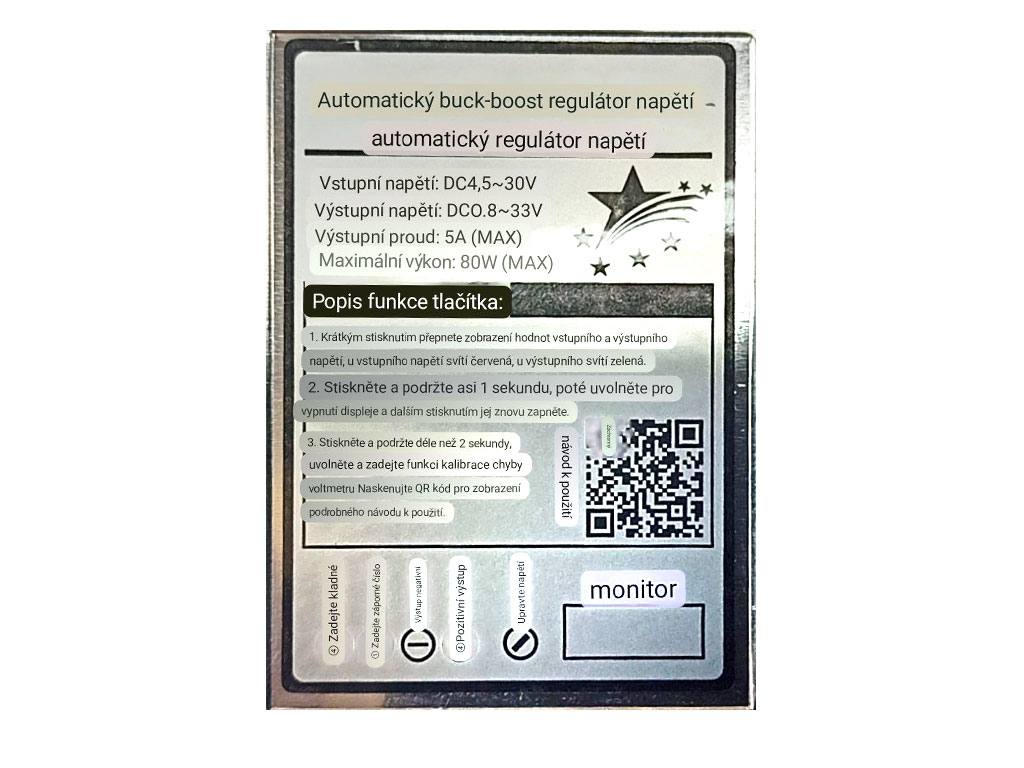 Modul nastavitelného zdroje  STEP-DOWN + STEP-UP 5 - 30V / 0,8 - 33V / 80W  max 5A, s digitálním voltmetrem,  univerzální použití