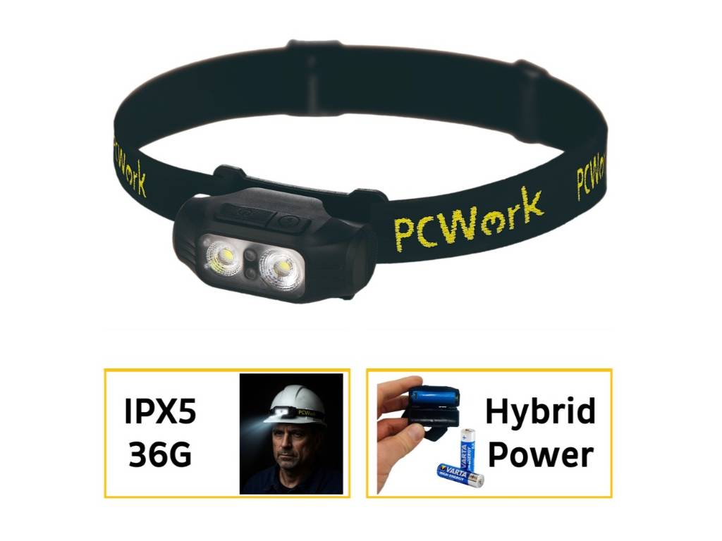 Nabíjecí LED čelovka PCW12A 200 lm – hybridní napájení, nabíjení USB-C, IPX5