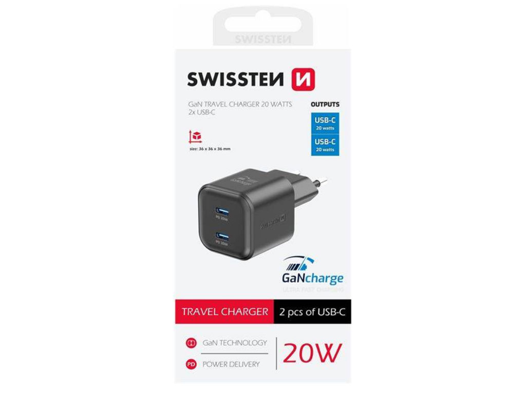 Nabíječka SWISSTEN Power Delivery 2x USB-C 20W černá