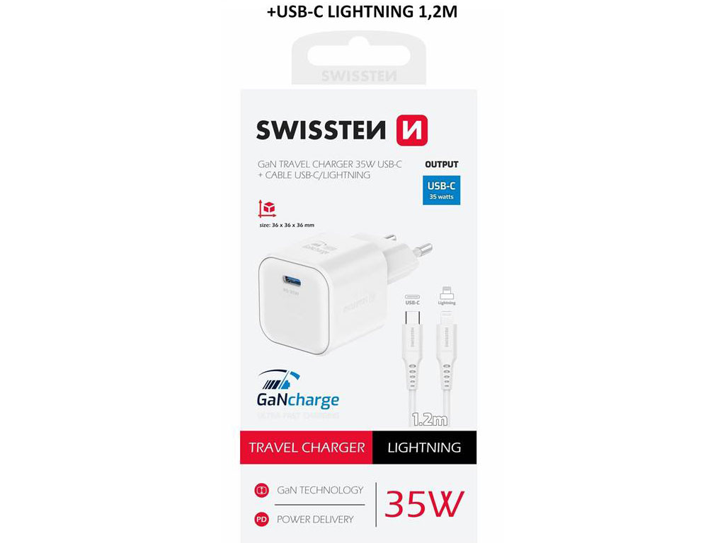 Nabíječka SWISSTEN Power Delivery USB-C + Lightning kabel 1,2m bílá